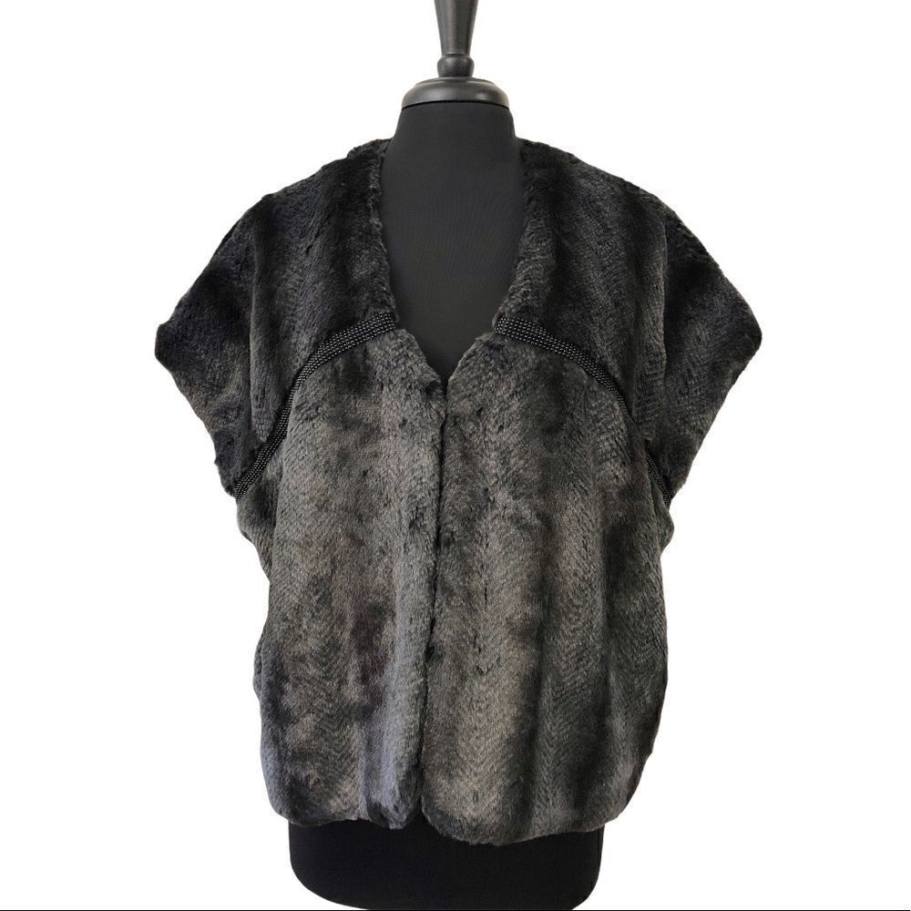 Ellen Tracy Gray Faux Fur Embellished Oversized Vest Sz S